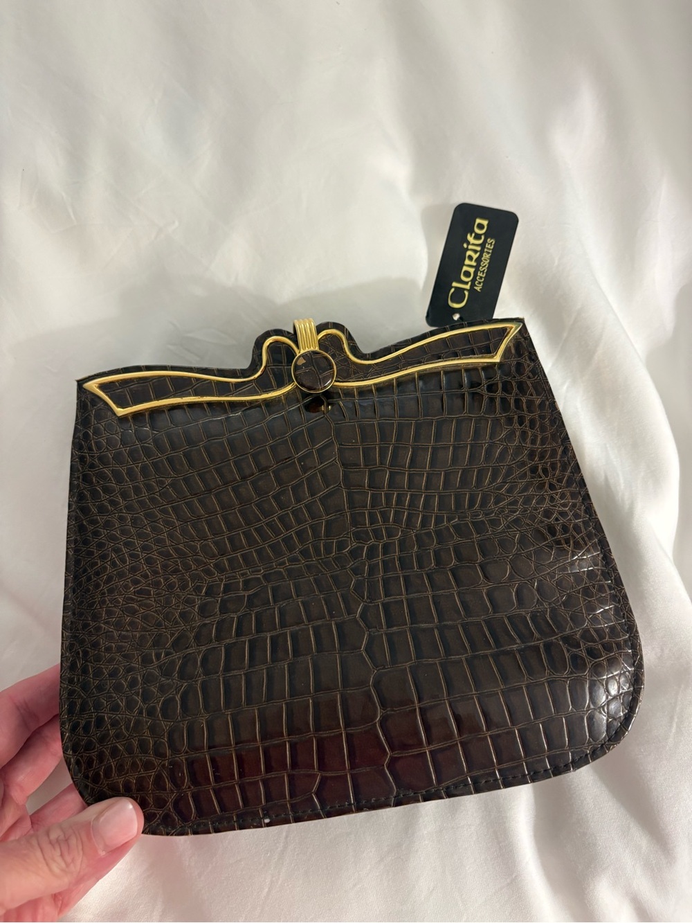 Vintage Dark Brown Croc-Embossed Leather Frame Clutch